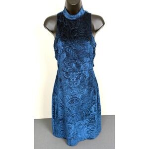 Sugar Lips Womens Dress Sz XS Velvet Blue Paisley Mock Neck